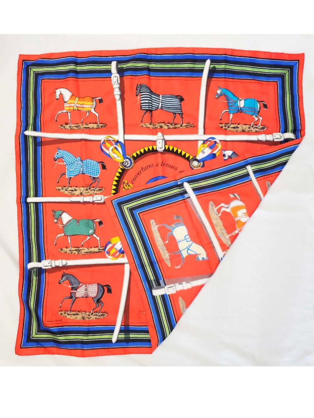 Hermes VTG Silk Scarf Carre 90 "Couvertures et Tenues de Jour" Red Silk Scarf - Picture 6 of 9